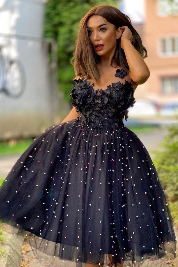 Luolandi A-Line Beaded Tulle Homecoming Dress with Flowers Black Beautiful